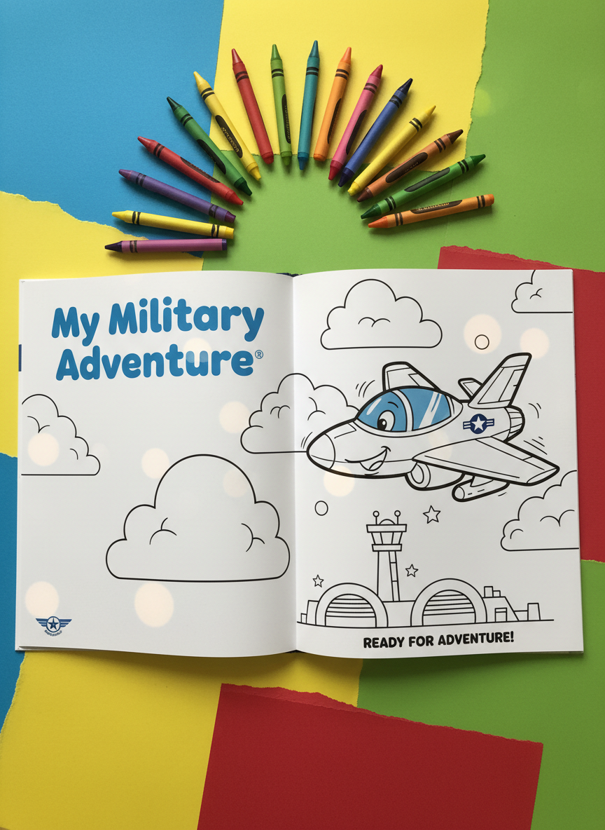 A bright, glossy children’s coloring book open to an Air Force-themed activity page, displaying a joyful cartoon jet soaring over a stylized military base with puffy clouds and rounded star accents. The book rests on a soft, energetic background of multi-hued construction paper, with a palette of cheerful, chunky crayons arranged in a dynamic arc above. Reflections from soft, warm pendant lighting overhead create gentle highlights and rounded, playful shadows. The image is captured from a slightly elevated angle, focusing sharply on the playful artwork and inviting layout. The mood is bold and dynamic, with a vibrant, photographic realism that captures the lively, welcoming personality of the My Military Adventure® store.
