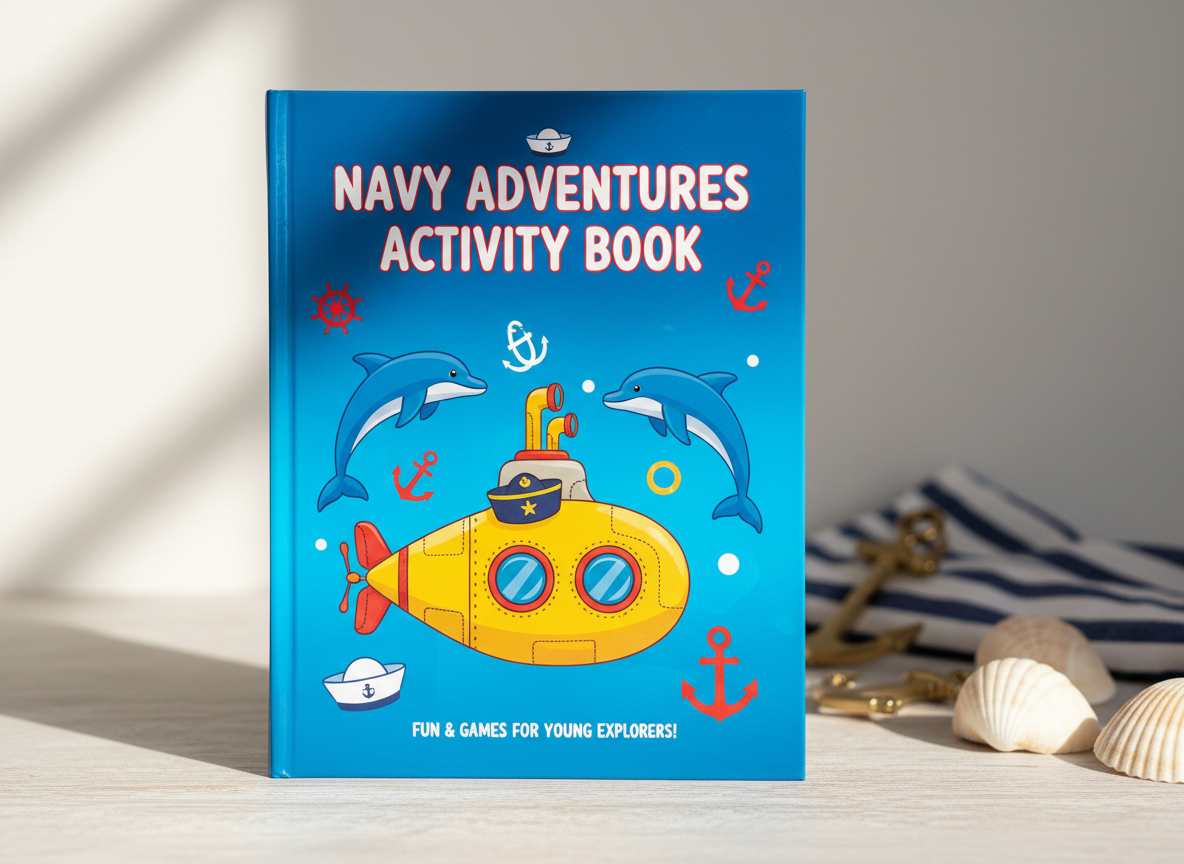 A high-gloss Navy-themed children’s activity book with a bright blue cover, adorned with a smiling submarine, playful dolphins, and whimsical naval icons rendered in bold, saturated hues. The book sits upright against a softly blurred background of nautical-themed decor—miniature anchors, striped blue-and-white fabric, and rounded seashells. Soft diffused daylight streams from the left, adding gentle highlights and a sense of freshness. This eye-level composition, isolated on the rule of thirds, creates an open, inviting frame. The photographic realism, energetic arrangement, and punchy colors set a lively, adventurous tone, perfect for inspiring young imaginations to celebrate Navy life.