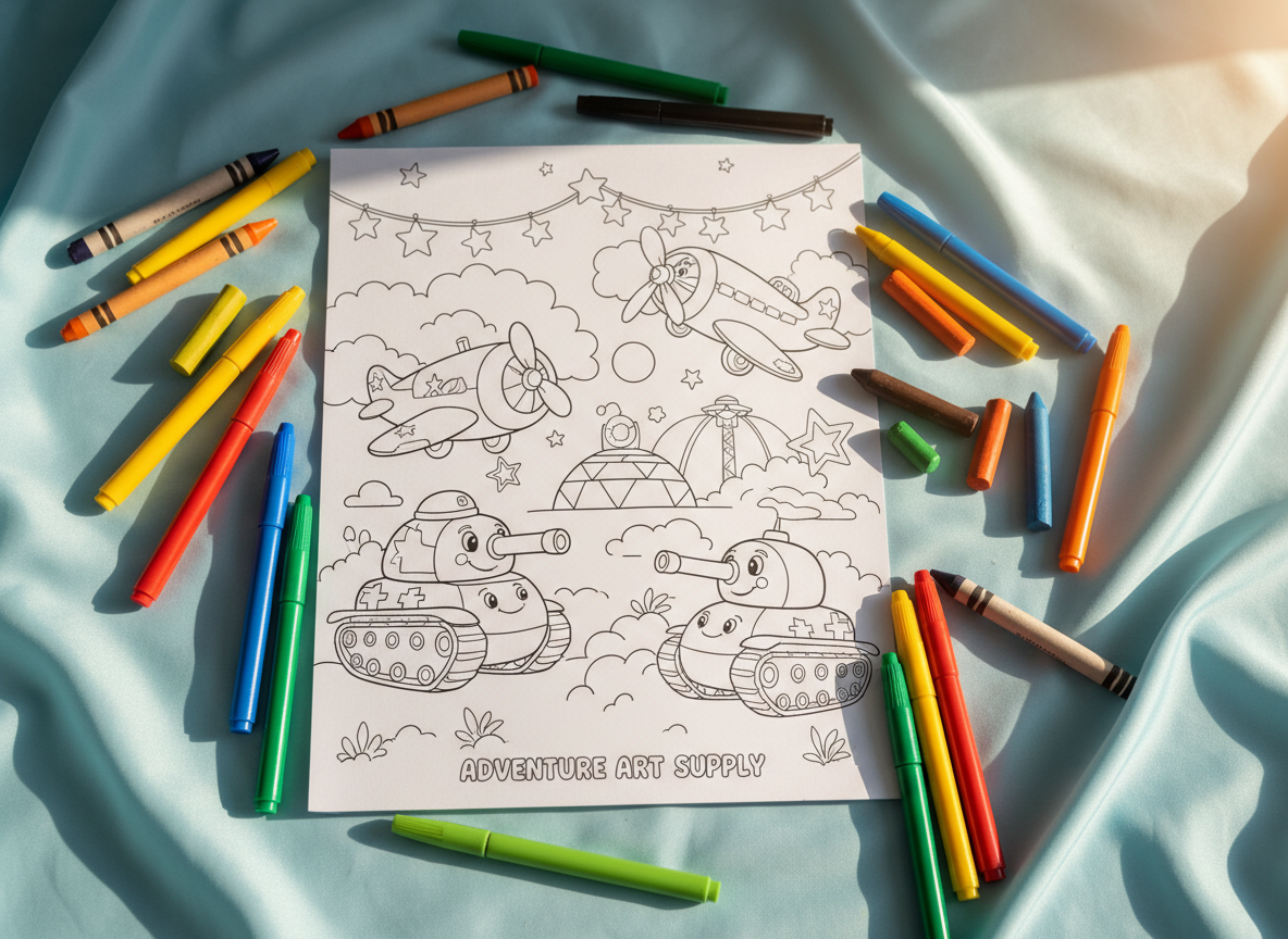 A single, glossy coloring page from a children’s military adventure book lies open atop a softly textured, pastel-blue fabric surface. The page features a cartoon-style, rounded military base scene with friendly tanks, cheerful airplanes, and star-shaped accents awaiting color. Brightly colored markers and crayons are positioned around the page, with a radiant beam of golden afternoon sunlight illuminating the artwork and casting playful, rounded shadows. Captured from a close eye-level angle with a vibrant color palette and sharp detail, the mood is energetic and imaginative, conveying the joy of creative exploration. The vibrant photographic style and whimsical composition suit the playful, family-friendly spirit of the store.