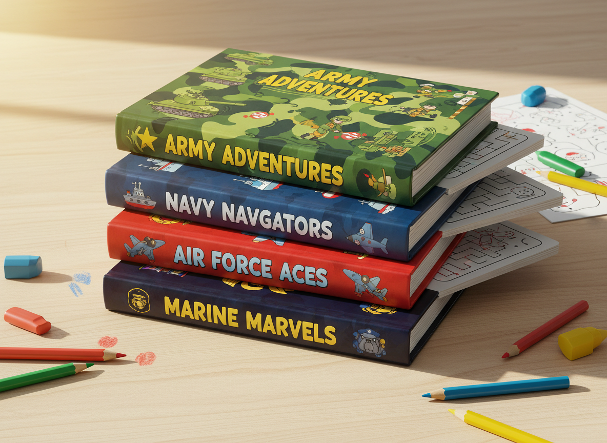 A playful stack of four vibrantly colored, glossy children’s activity books, each book featuring a whimsical cover illustration of a different military base—one for Army, Navy, Marine Corps, and Air Force. The books exhibit rounded corners and thick, high-quality pages with energetic designs peeking from inside. Arranged on a cheerful wooden tabletop, various colored pencils and crayons are scattered around, hinting at creative possibilities. Bright, natural sunlight pours in from an unseen window, casting vivid highlights and soft, inviting shadows. The composition is centered, shot from a slightly elevated angle to emphasize the variety and playfulness. The overall style is photographic realism with vivid colors and dynamic energy, imbuing a spirited, family-friendly mood central to the site’s purpose.