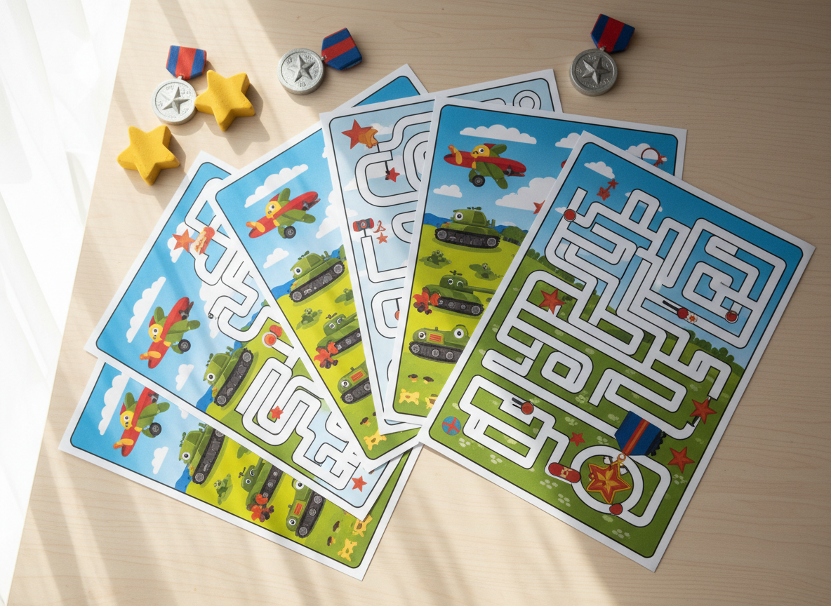 A colorful, tactile set of military-themed activity sheets fanned out across a light wooden desk, each sheet featuring rounded illustrations of cartoon tanks, airplanes, and bases with playful mazes and connect-the-dots. Plump, oversized erasers shaped like stars and medals are scattered beside the pages, creating a sense of discovery and whimsy. Brilliant white daylight from a nearby window washes over the entire scene, casting crisp, inviting shadows and emphasizing the glossy, thick paper texture. Shot from a top-down, bird’s-eye view, the composition is energetic with a sense of organized abundance. The vibrant photographic style and spirited layout radiate family-friendly fun and creativity.